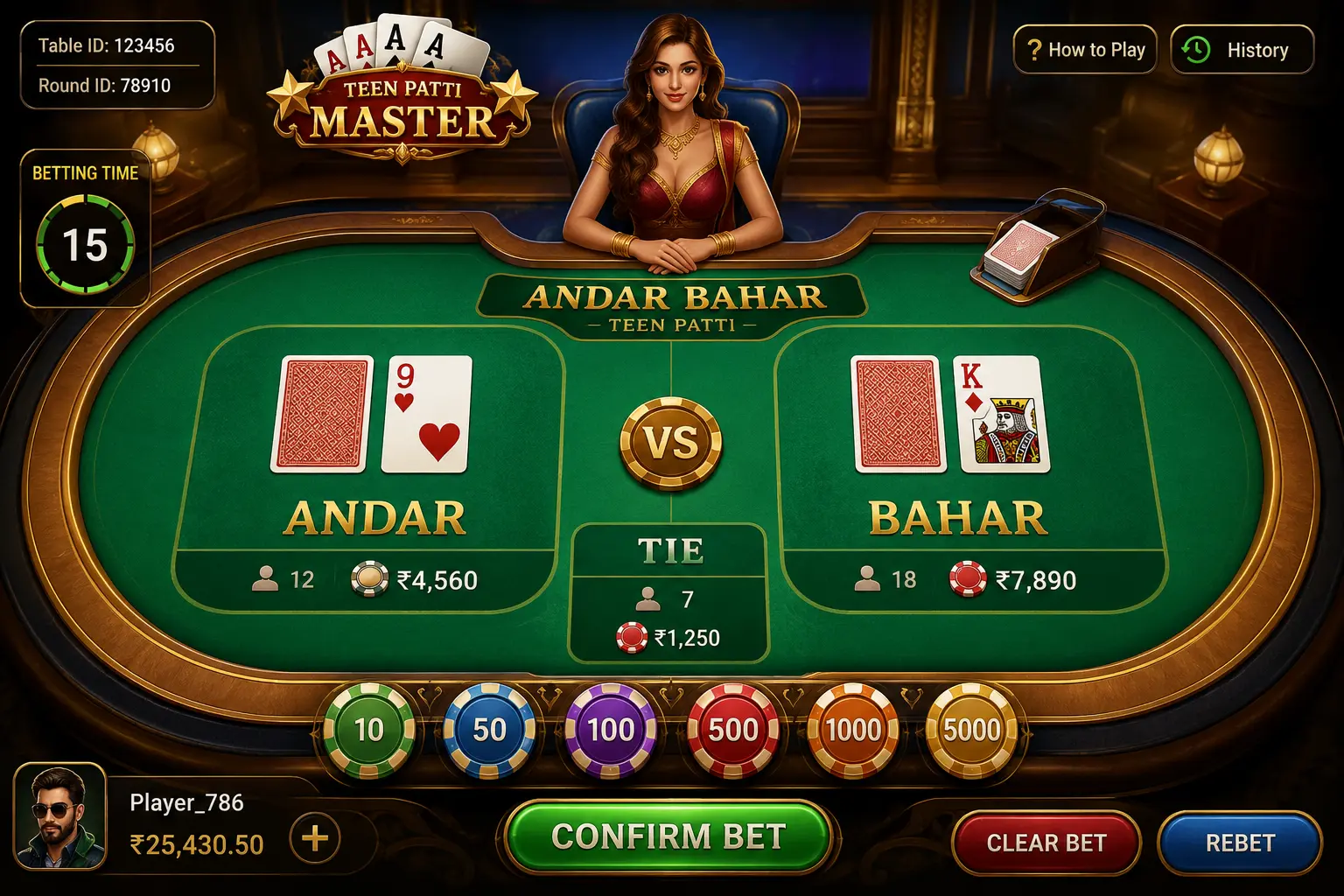 Andar Bahar table layout with Andar and Bahar sides