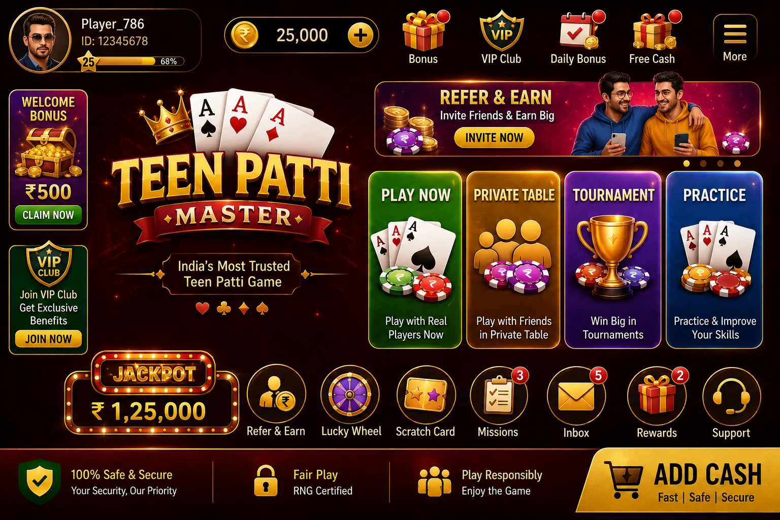 Teen Patti Master app home screen showing card tables and wallet balance