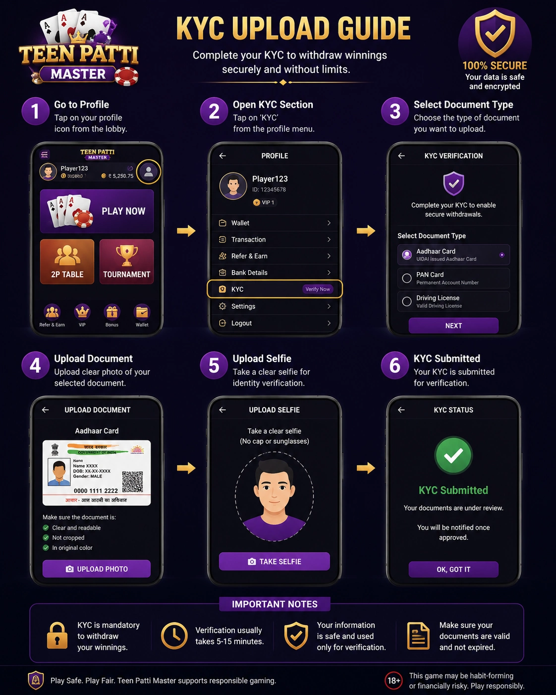 KYC document upload screen for Teen Patti Master verification