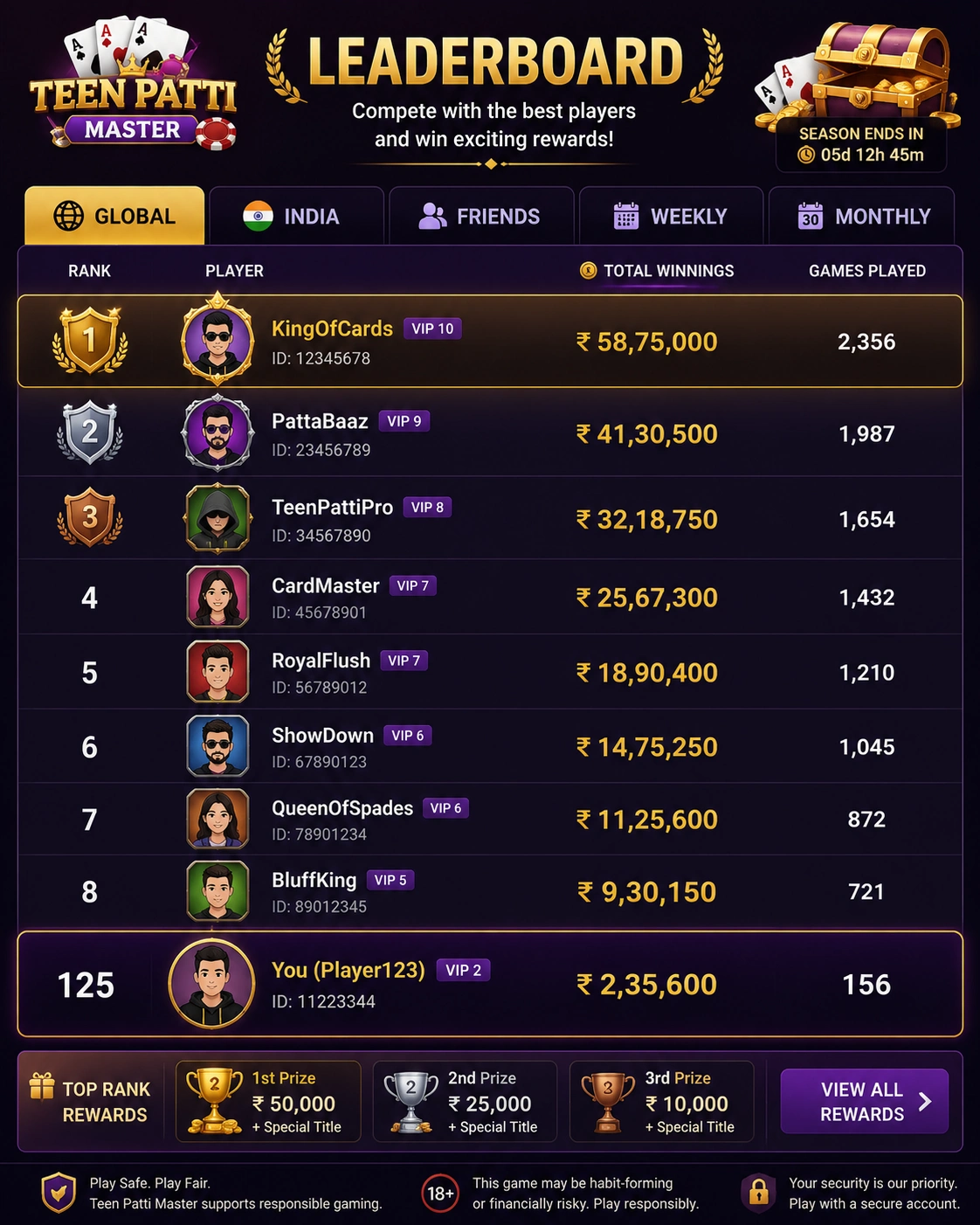 Teen Patti Master tournament bracket and leaderboard screen