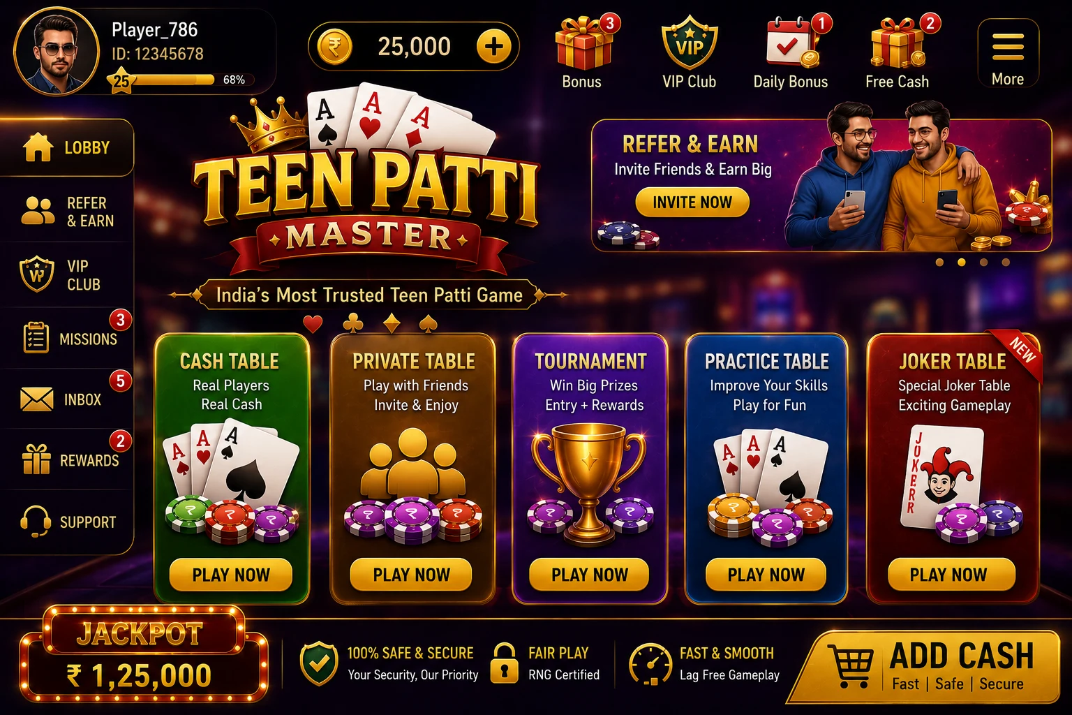 Illustration of the Teen Patti Master lobby with multiple game icons including Teen Patti Rummy and Andar Bahar