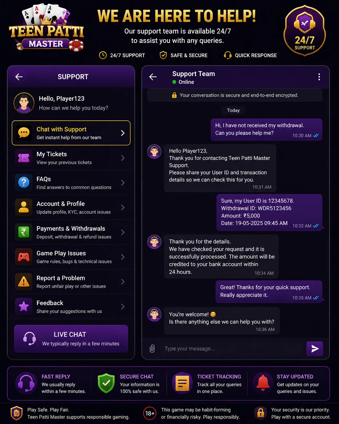 In-app help and support chat screen of Teen Patti Master