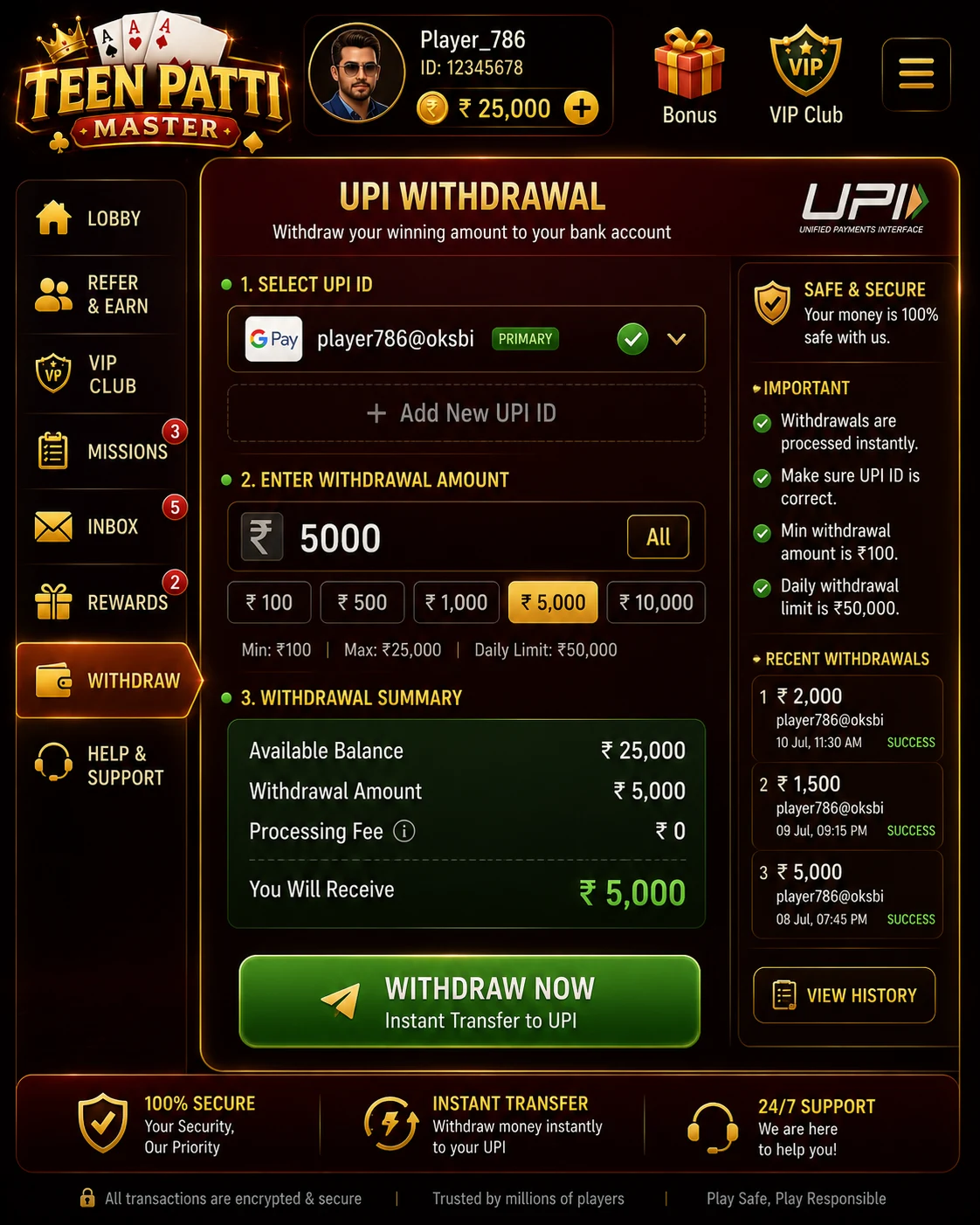 Withdrawal request screen showing UPI payout on Teen Patti Master