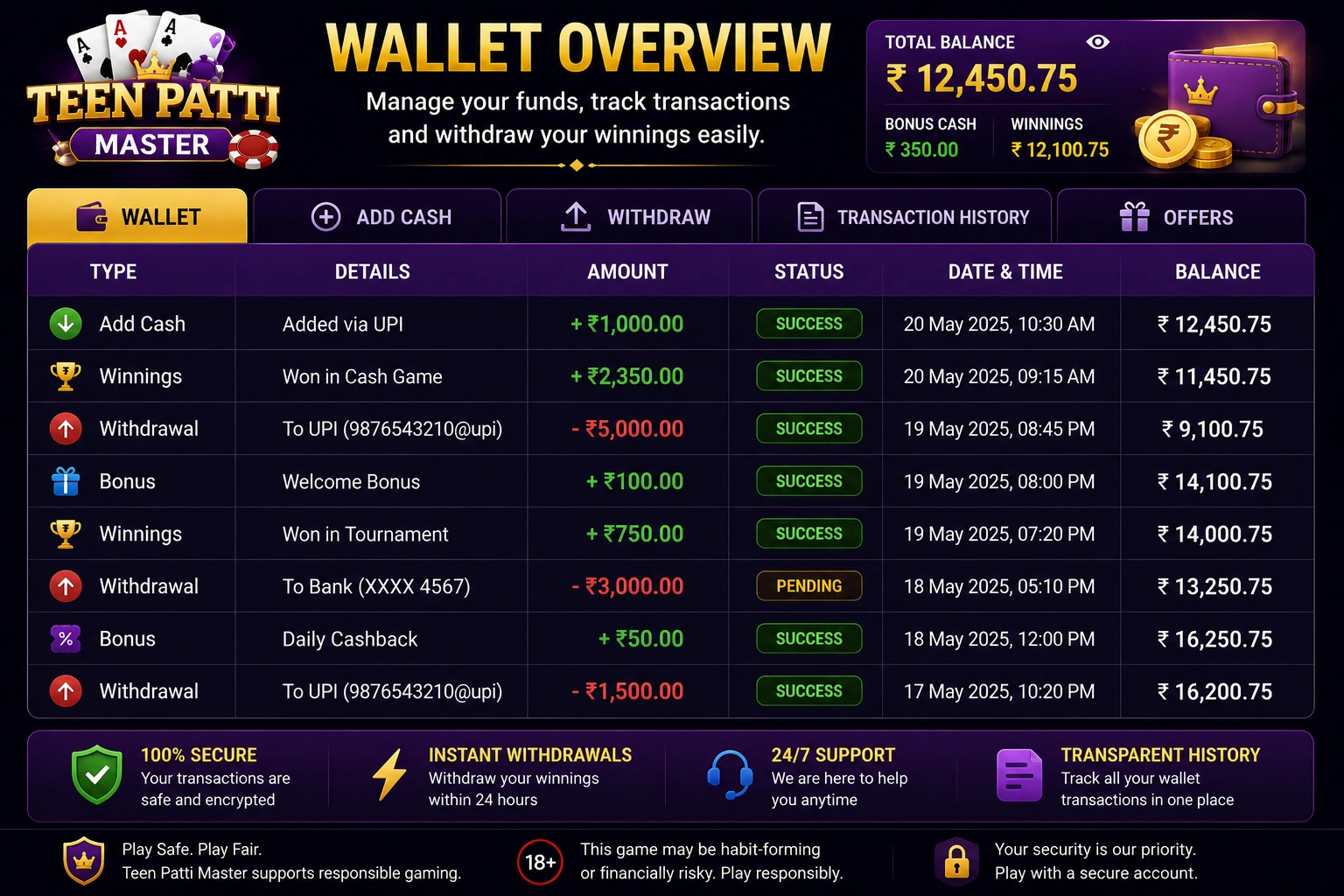 Screenshot of Teen Patti Master showing wallet balance and active cash table