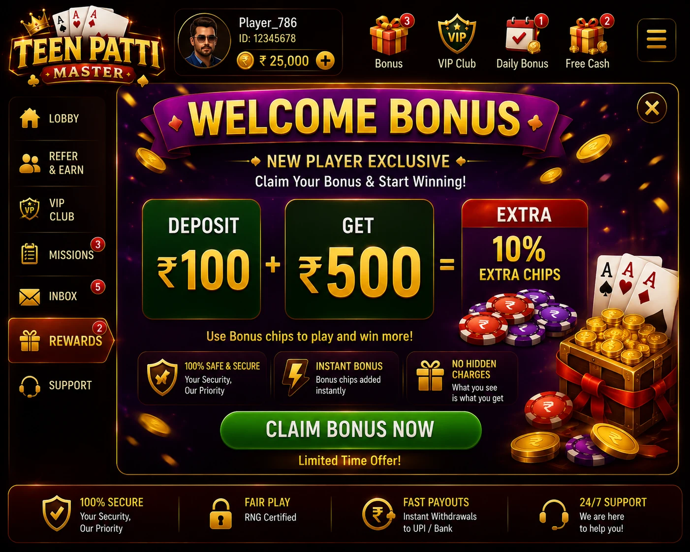 Teen Patti Master wallet screen showing welcome bonus credited