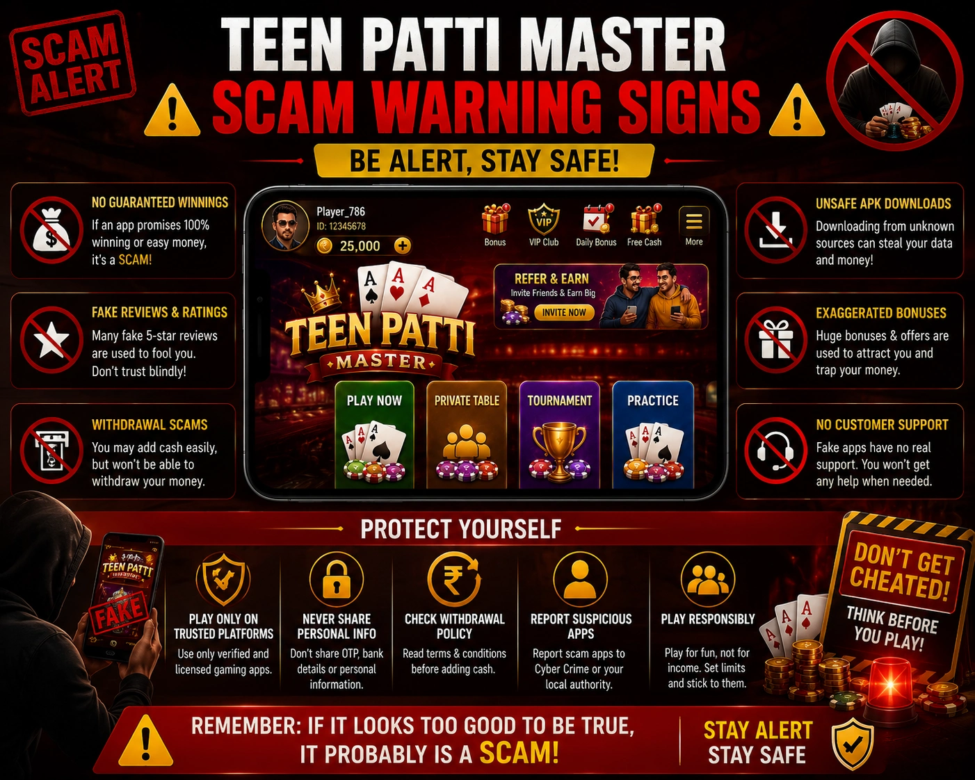 Infographic of common Teen Patti scam warning signs